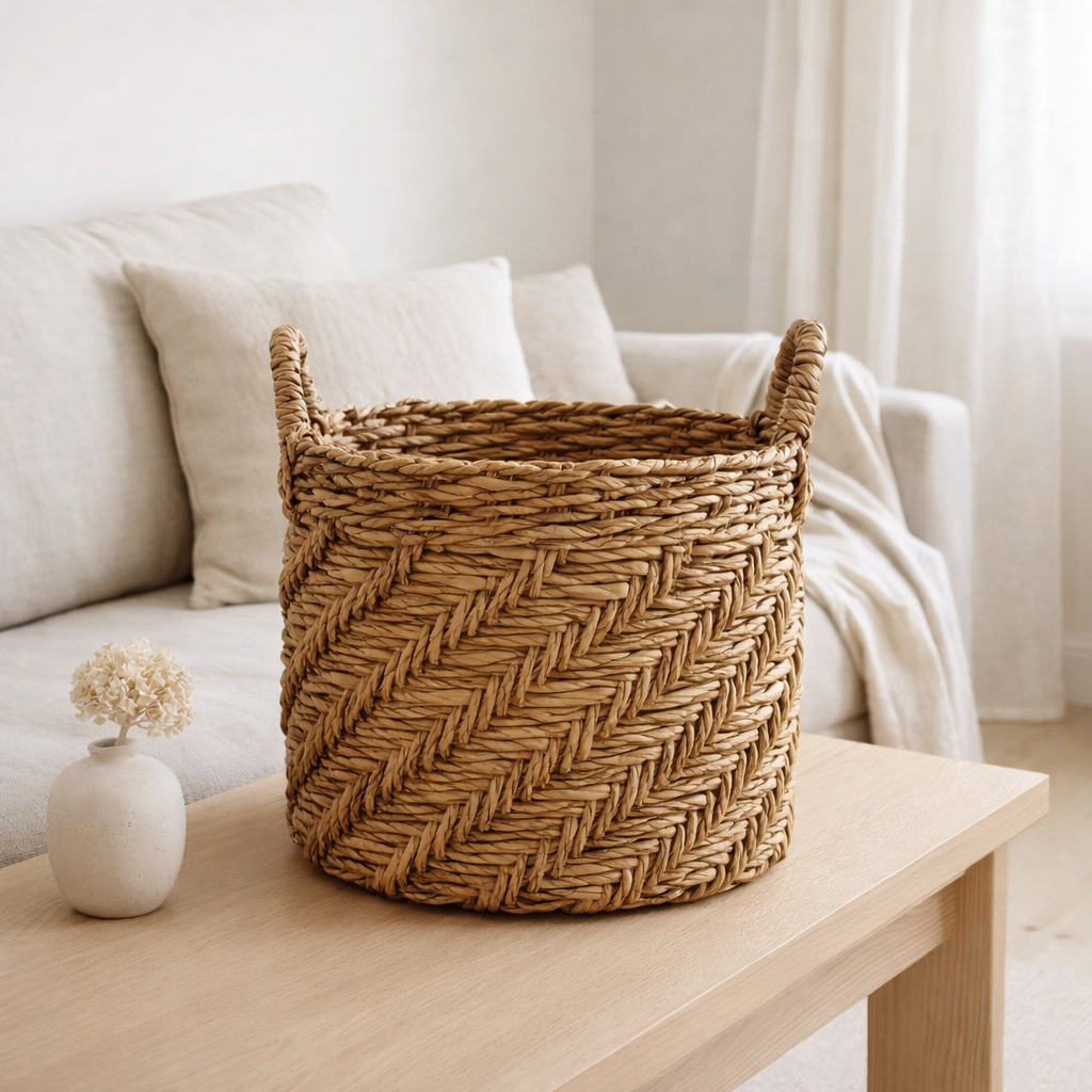 Boho Laundry ou Panier d'usine - Panier de rangement tissé rond - panier décoratif en fibre de banane (3 tailles Ø 25/32/38 cm) Rinjani en situation