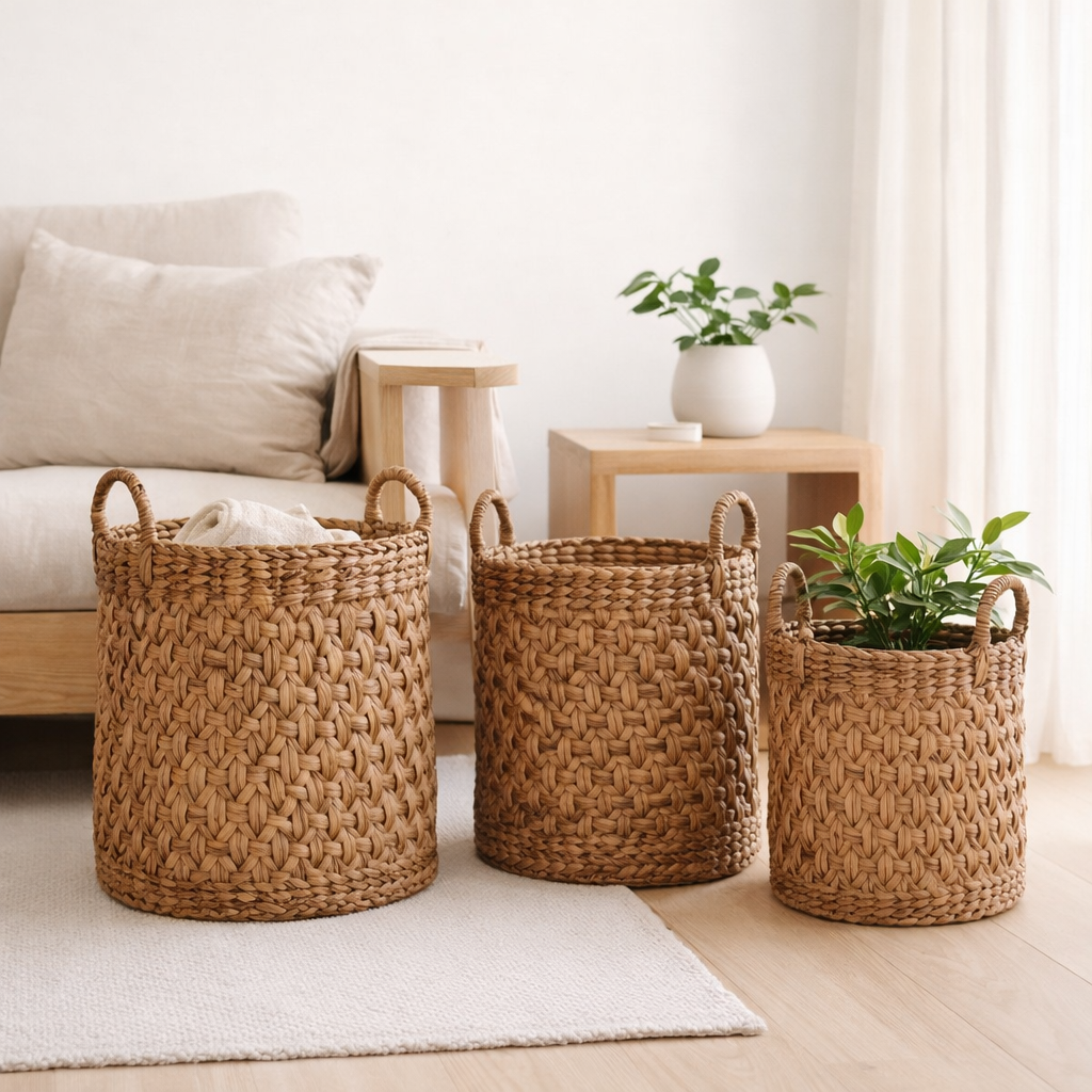 Panier à linge rond tressé – Panier à plantes Boho – Panier à linge marron – Grand panier en jacinthe d'eau RAJA (3 tailles Ø 35/40/50 cm) en situation