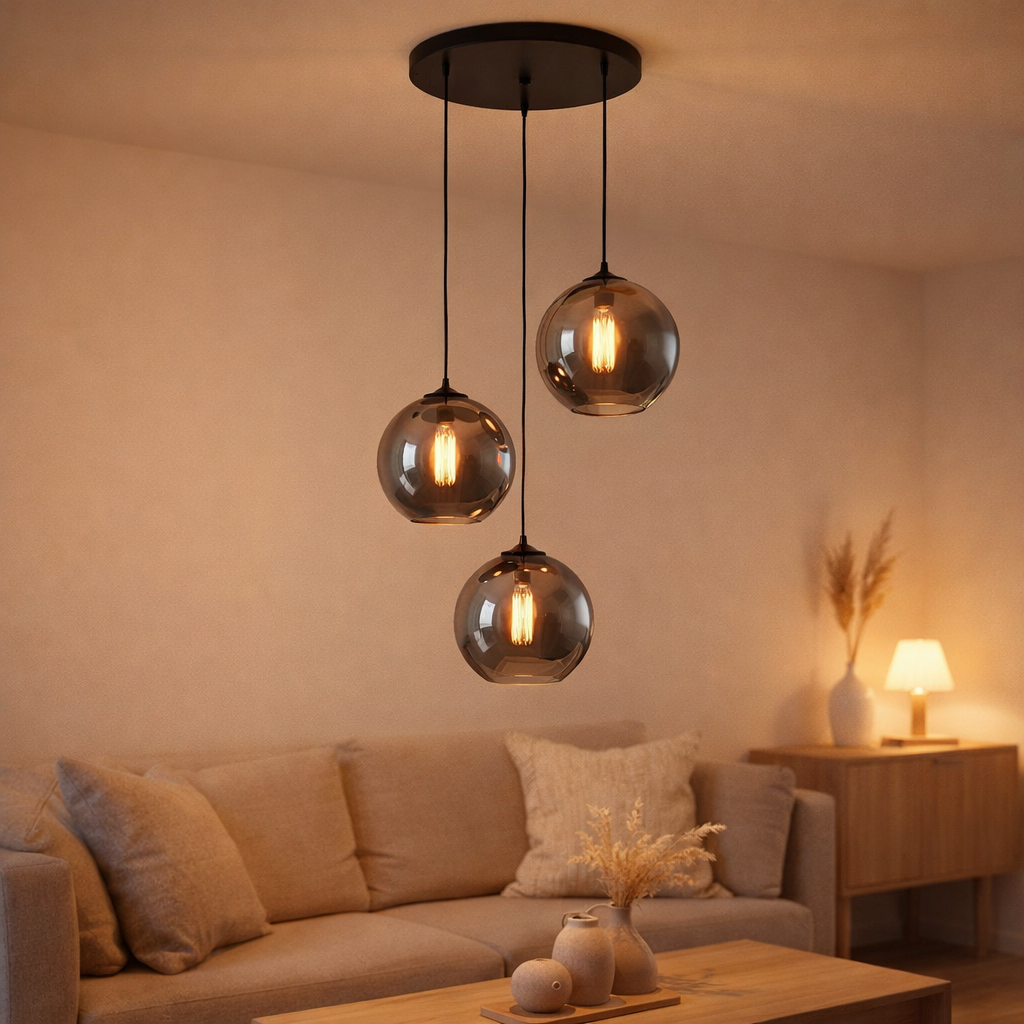 Lampe suspendue en verre fumé 3 lumières en situation