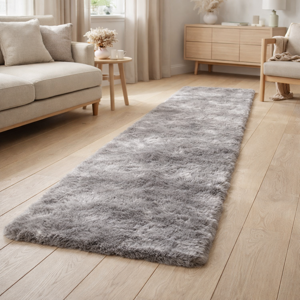 Tapis moelleux gris 80x300cm en situation