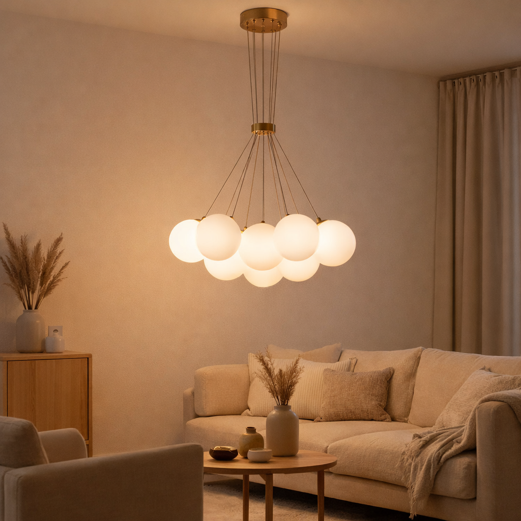 Lampe suspendue Jenna or blanc 13 lumières en situation