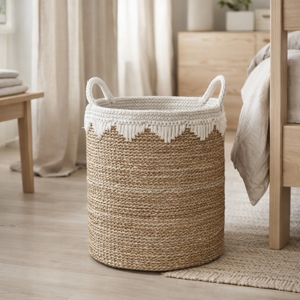 Grand panier à linge rond panier de rangement panier à plantes tissé en fibres naturelles NIAS blanc (2 tailles) en situation