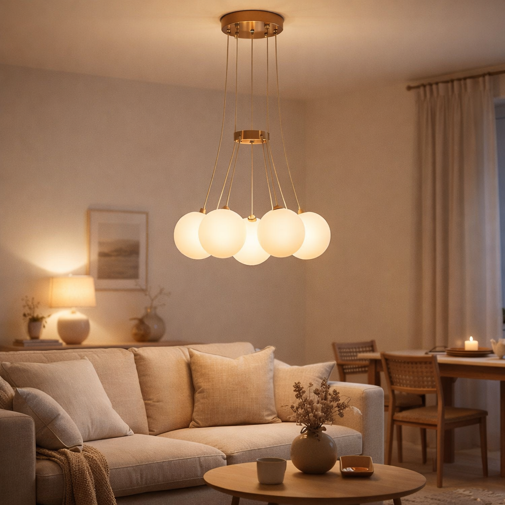 Lampe suspendue Jenna or blanc 7 lumières en situation