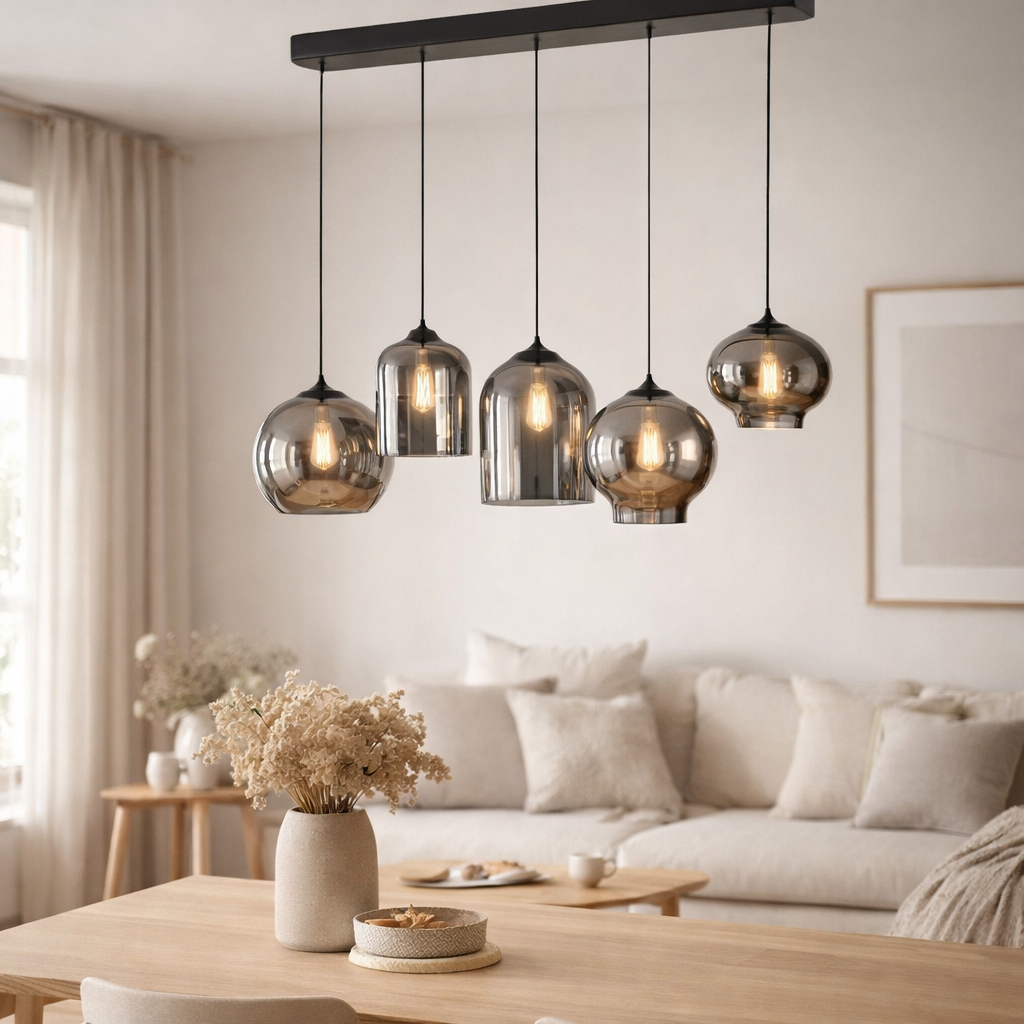 Ava Suspension Verre Fumé 5 Lumières Mix en situation