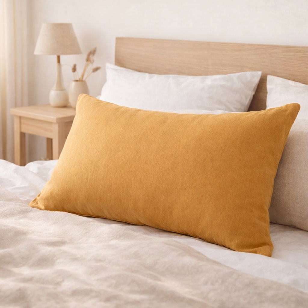 Taie d'oreiller stonewashed Zeff Ocre 50 x 75 en situation