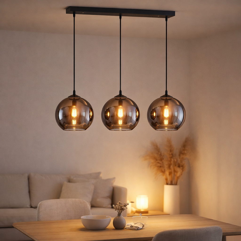 Lampe suspendue Verre Fumé 3 Lumières Droite en situation