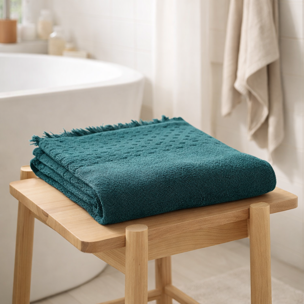 Drap de douche Julia Pétrole 70 x 140 en situation