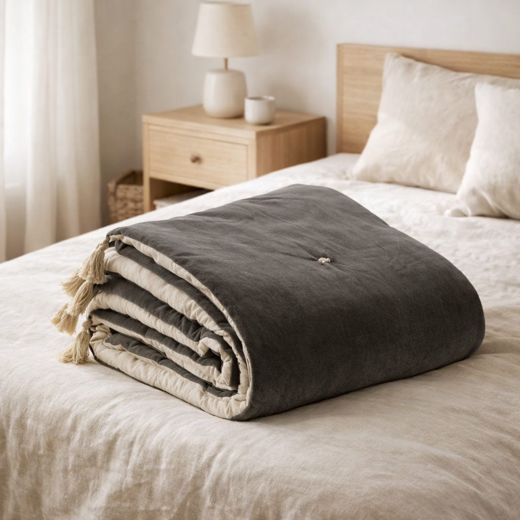 Edredon pompons Elise Tonnerre 80 x 180 en situation