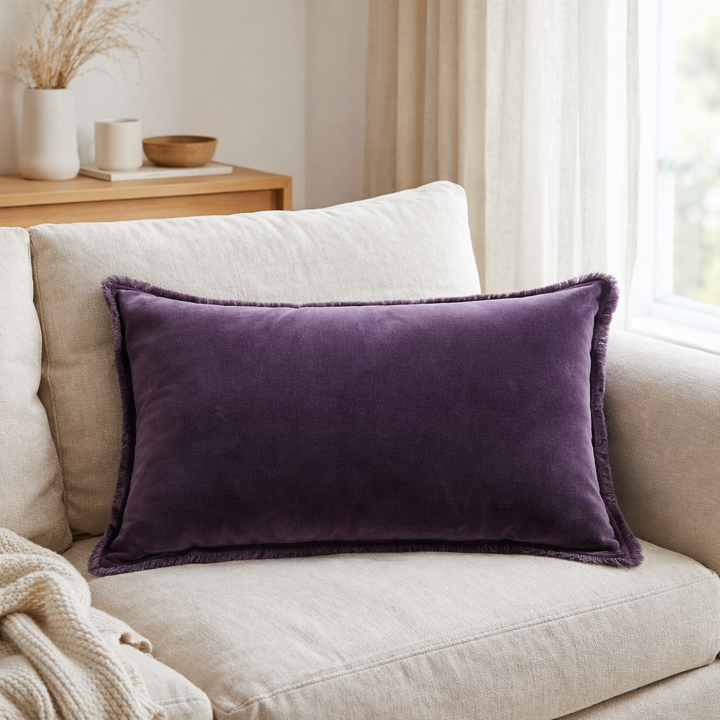 Coussin uni Fara Raisin 40 x 65 en situation