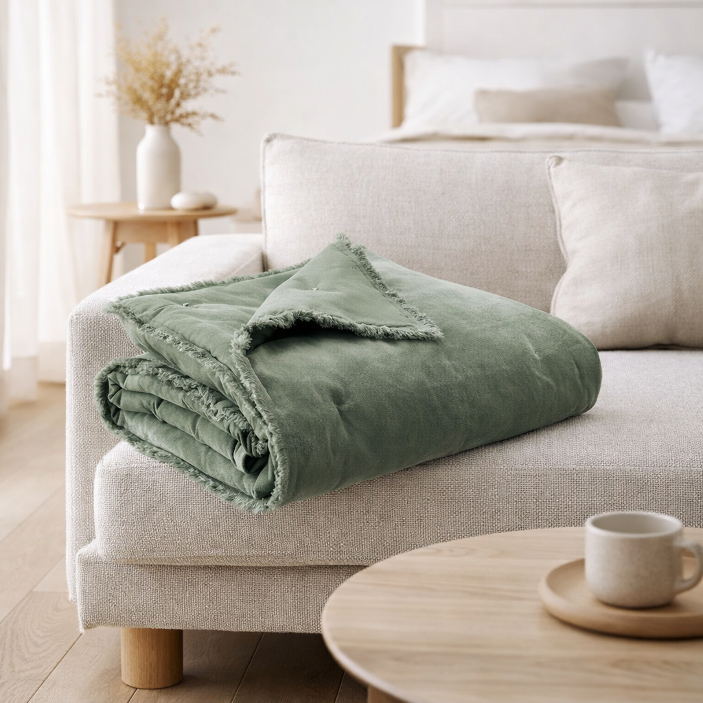 Plaid uni Fara Thym 135 x 200 en situation