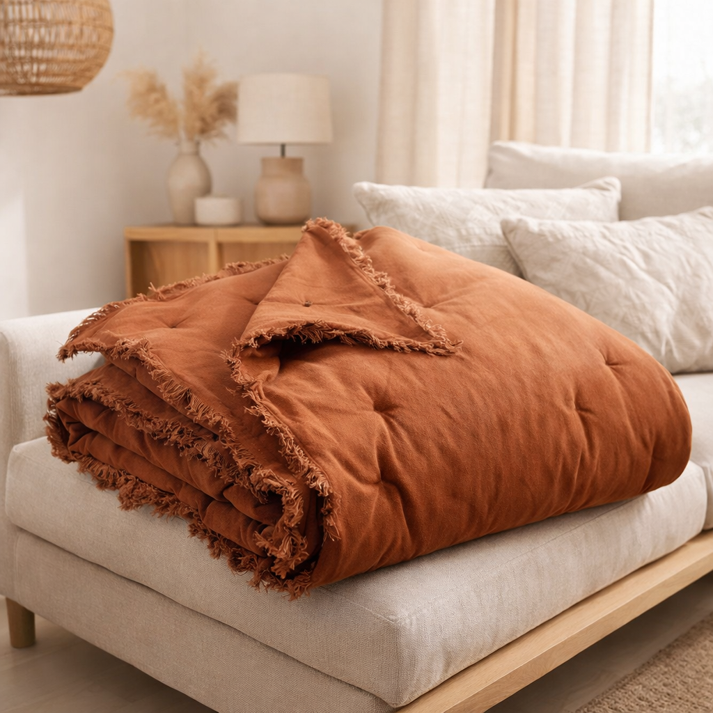 Plaid uni Fara Caramel 135 x 200 en situation