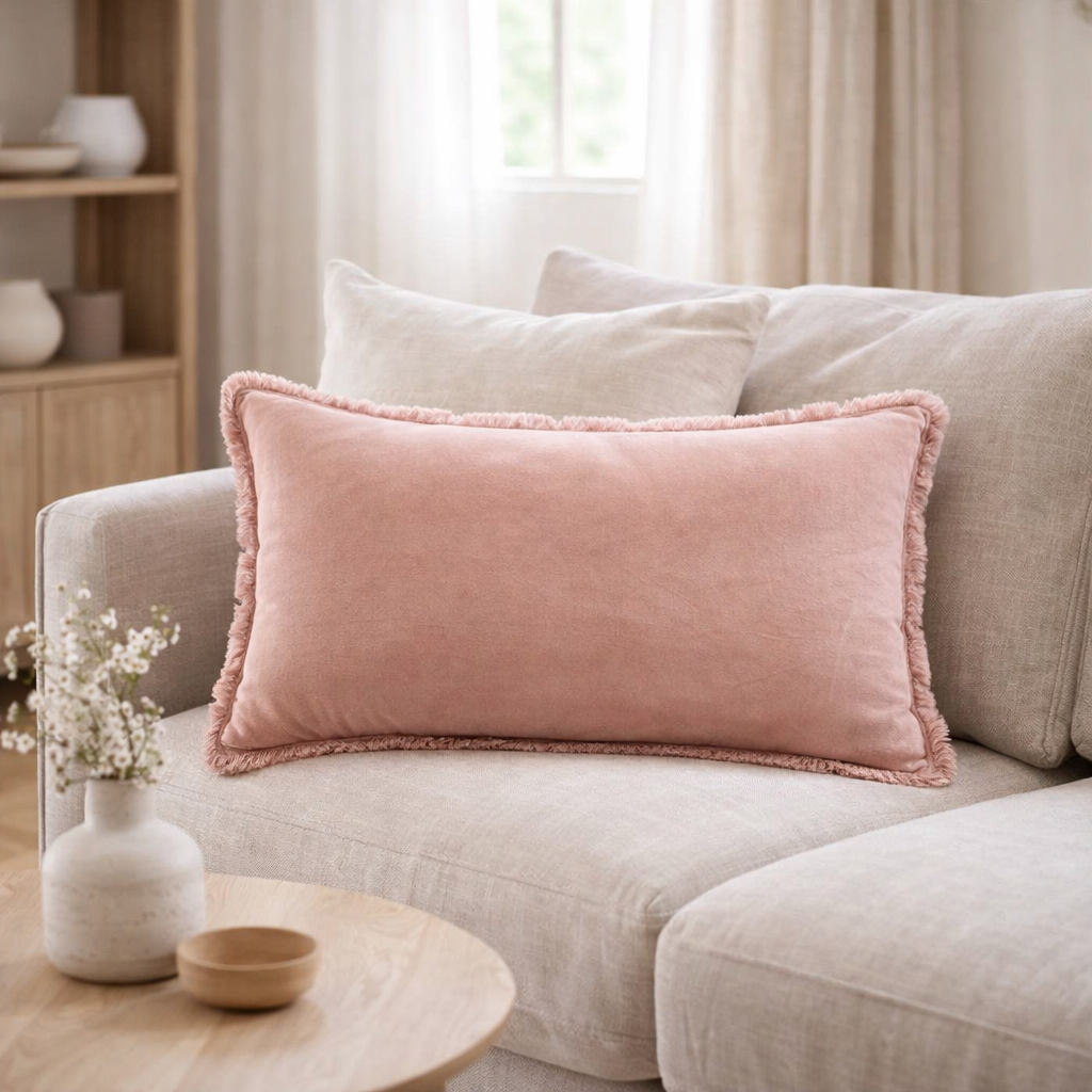 Coussin uni Fara Pink 40 x 65 en situation