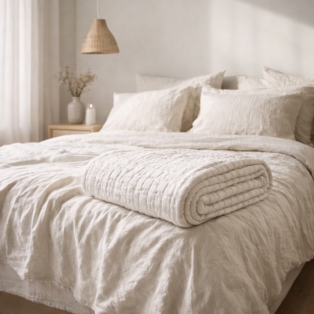 Couvre-lit stonewashed Swami Blanc 240 x 260 en situation