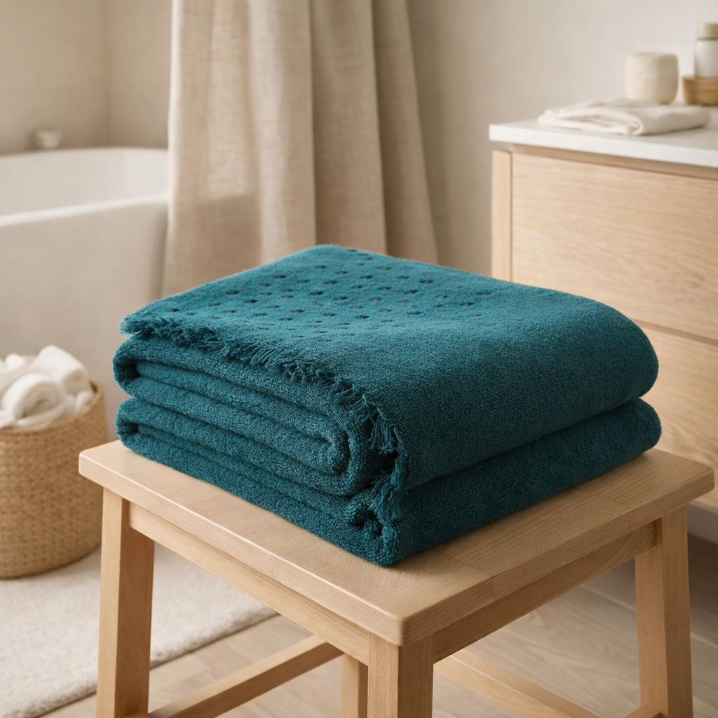 Drap de bain Julia Pétrole 90 x 150 en situation
