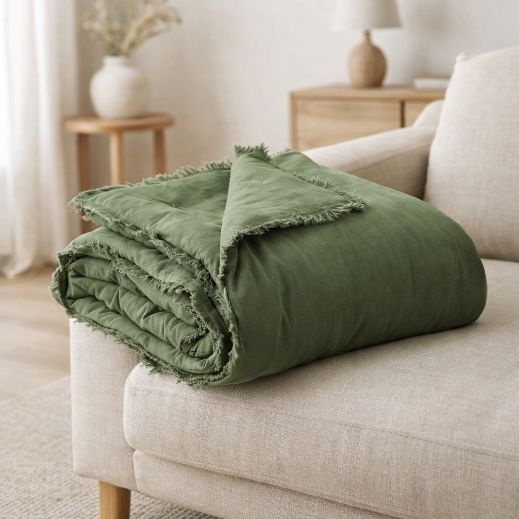 Plaid uni Fara Eucalyptus 135 x 200 en situation