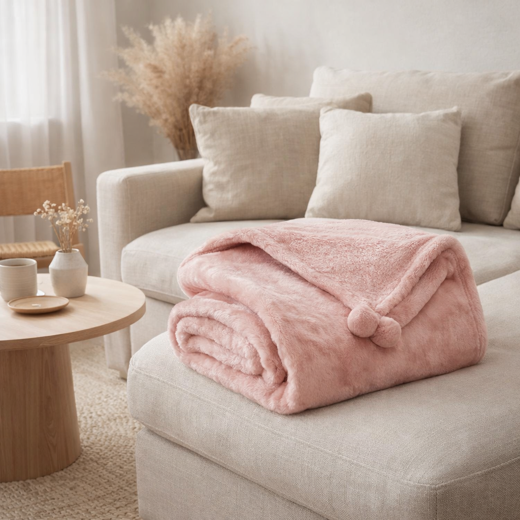 Plaid Tender Pompons Aubepine 130 x 170 en situation