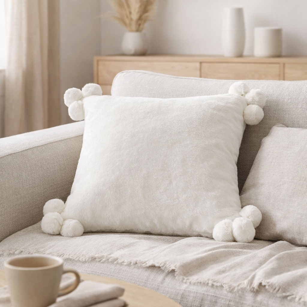 Coussin Tender pompons Neige 45 x 45 en situation