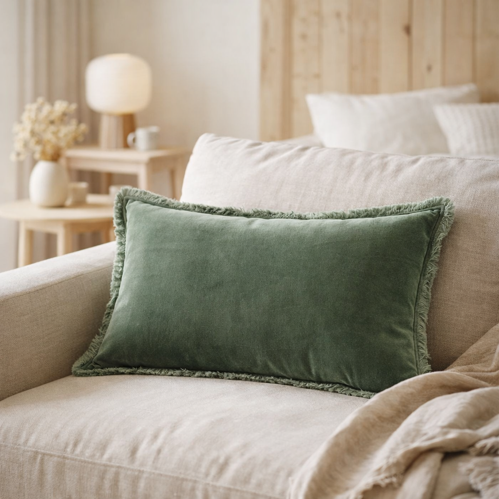 Coussin uni Fara Thym 40 x 65 en situation