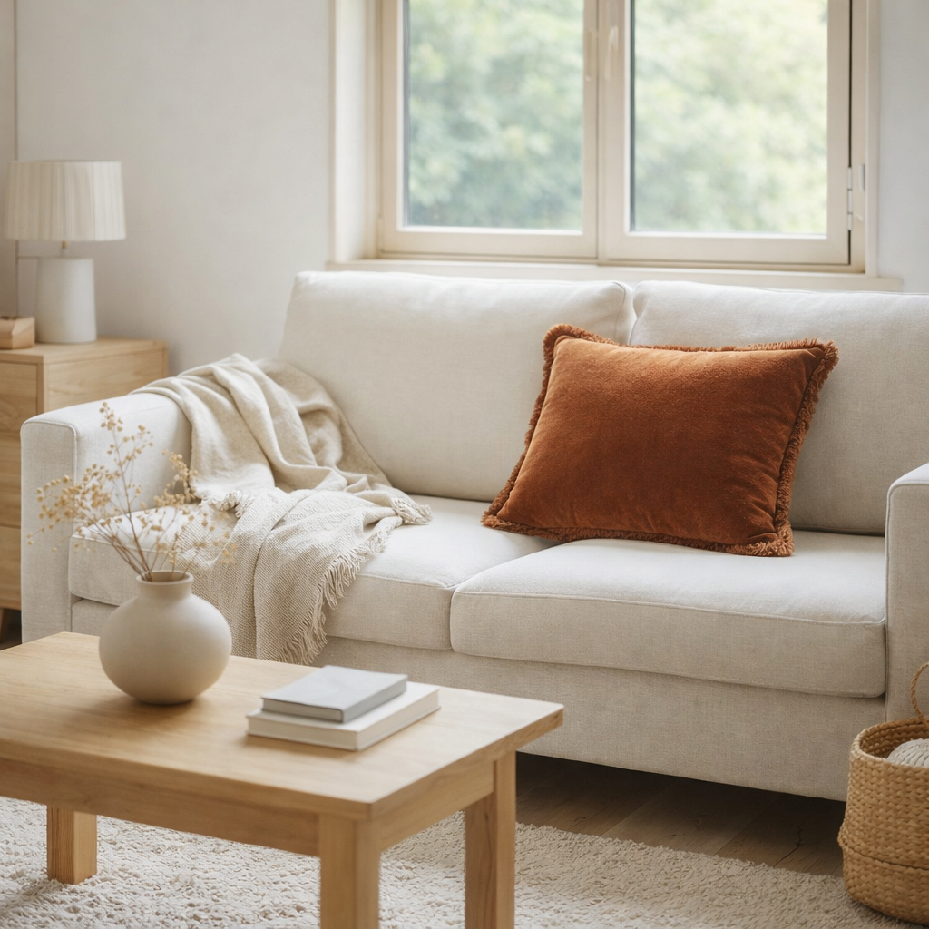 Coussin uni Fara Caramel 45 x 45 en situation