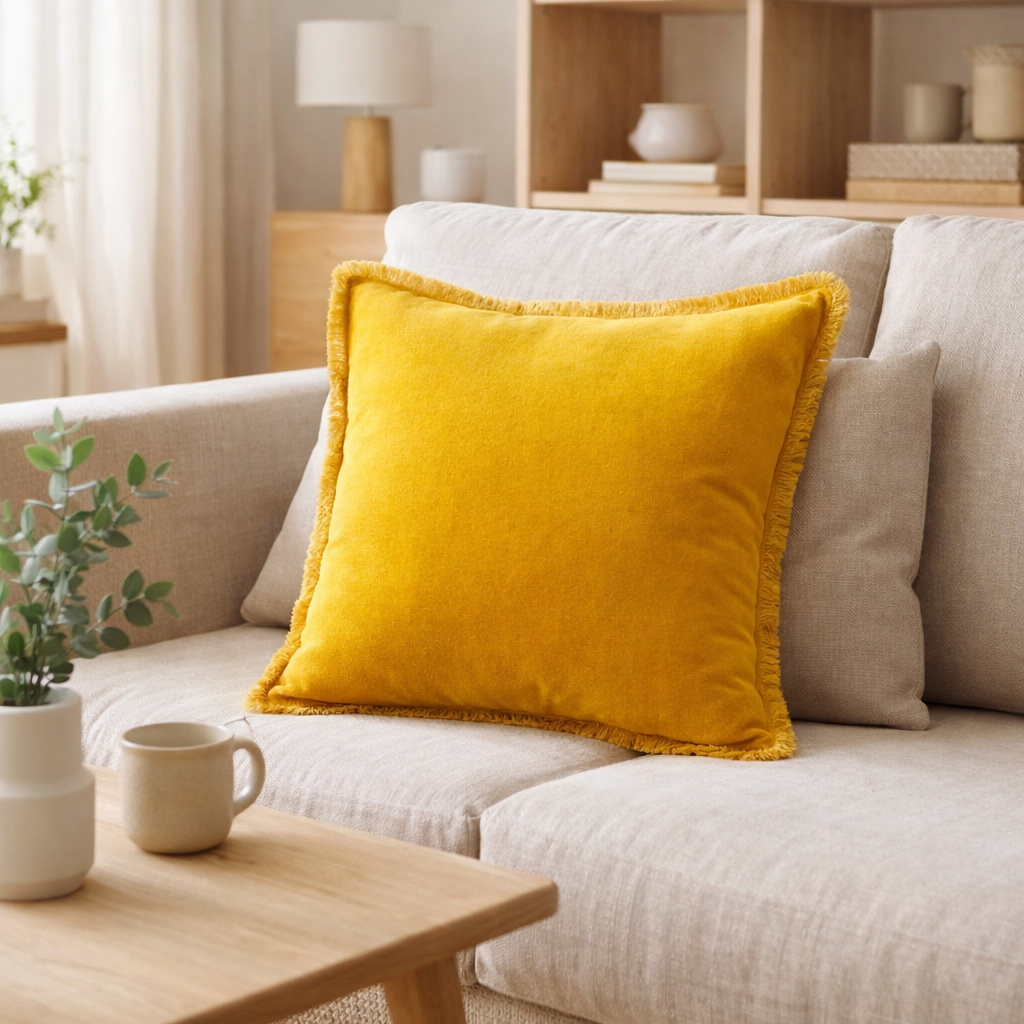 Coussin uni Fara Curry 45 x 45 en situation