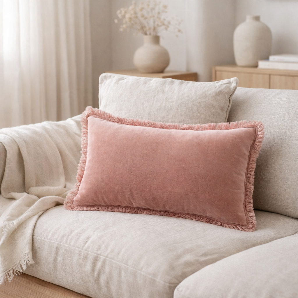 Coussin uni Fara Pink 30 x 50 en situation