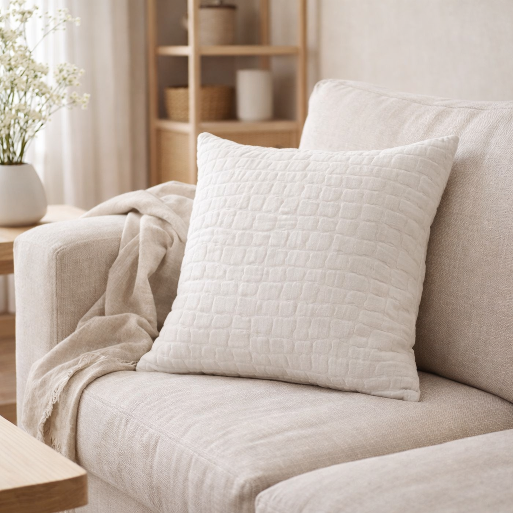 Coussin Stonewashed Swami Blanc 45 X 45 en situation