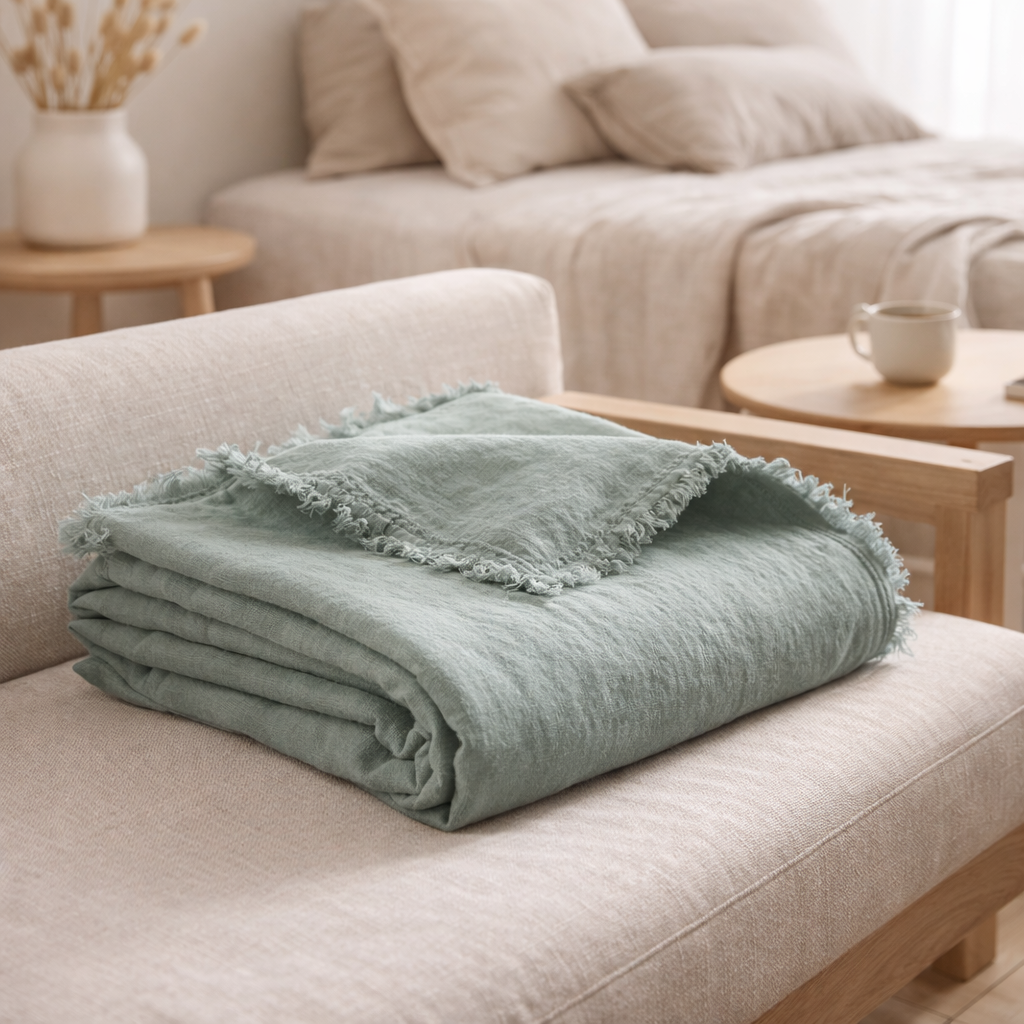 Plaid Zeff Nomade Vert de gris 130 x 180 en situation