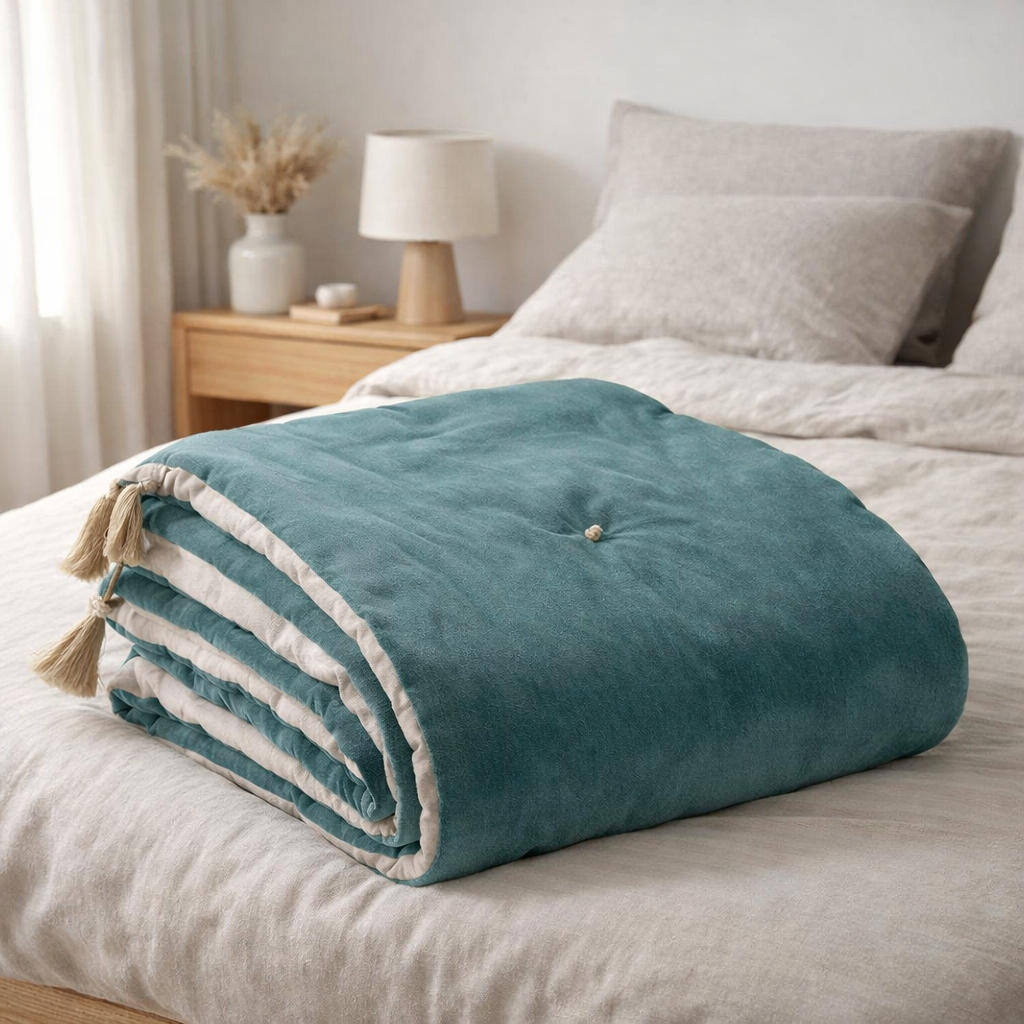 Edredon pompons Elise Vert de gris 80 x 180 en situation