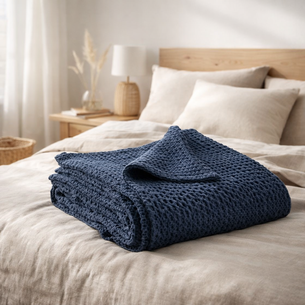 Jeté stonewashed Tana Cobalt 180 x 260 en situation
