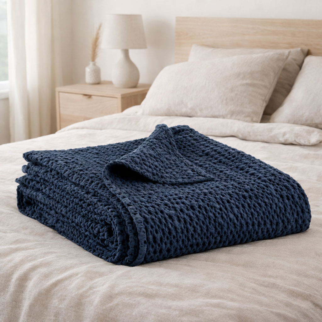 Jeté stonewashed Tana Cobalt 180 x 260 en situation