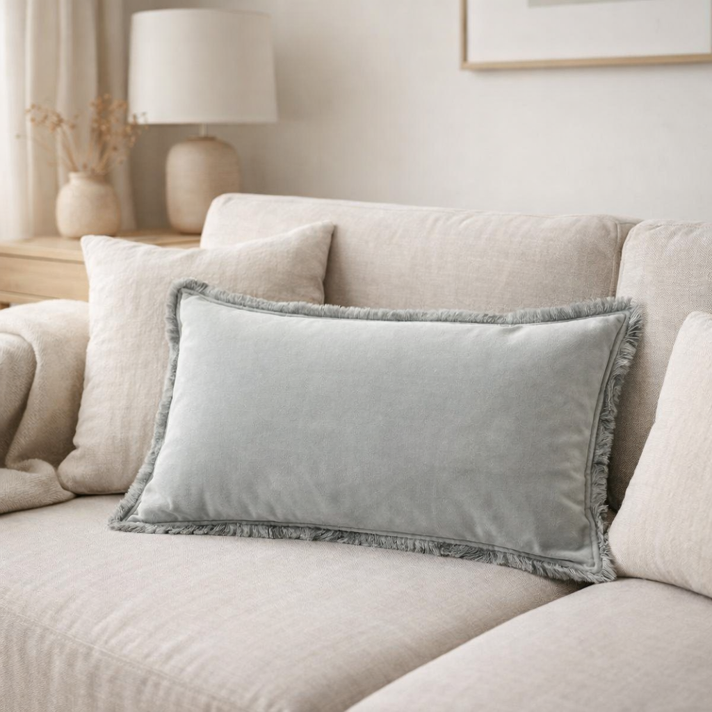 Coussin uni Fara Perle 40 x 65 en situation
