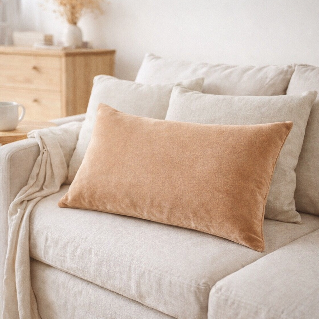 Coussin uni Elise Camel 40 x 65 en situation