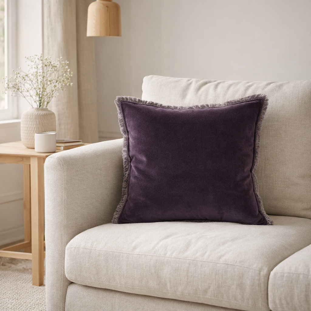 Coussin uni Fara Raisin 45 x 45 en situation