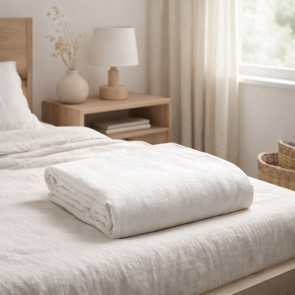 Drap housse stonewashed Zeff Blanc 160x200 bonnet 30cm en situation