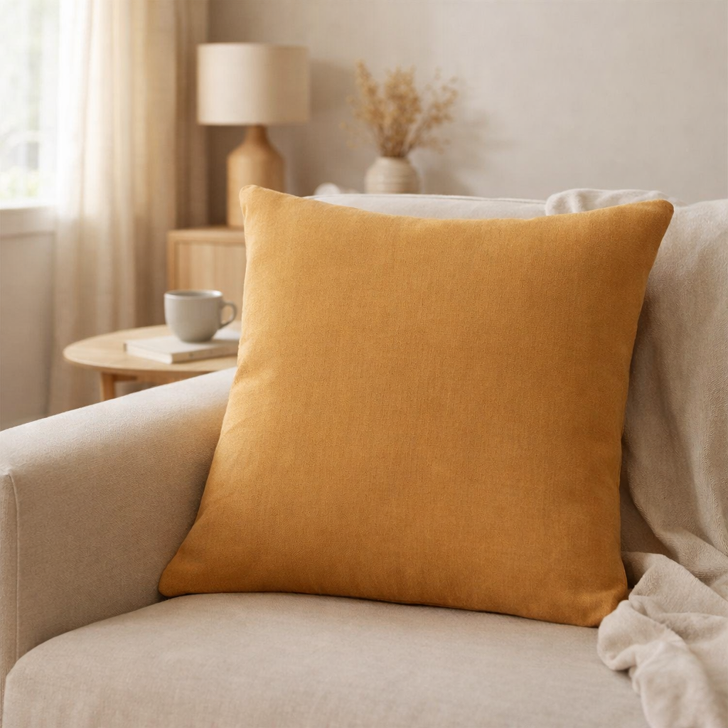 Coussin uni Zeff Ocre 45 x 45 en situation
