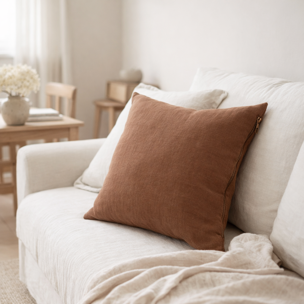 Coussin uni Zeff Caramel 45 x 45 en situation
