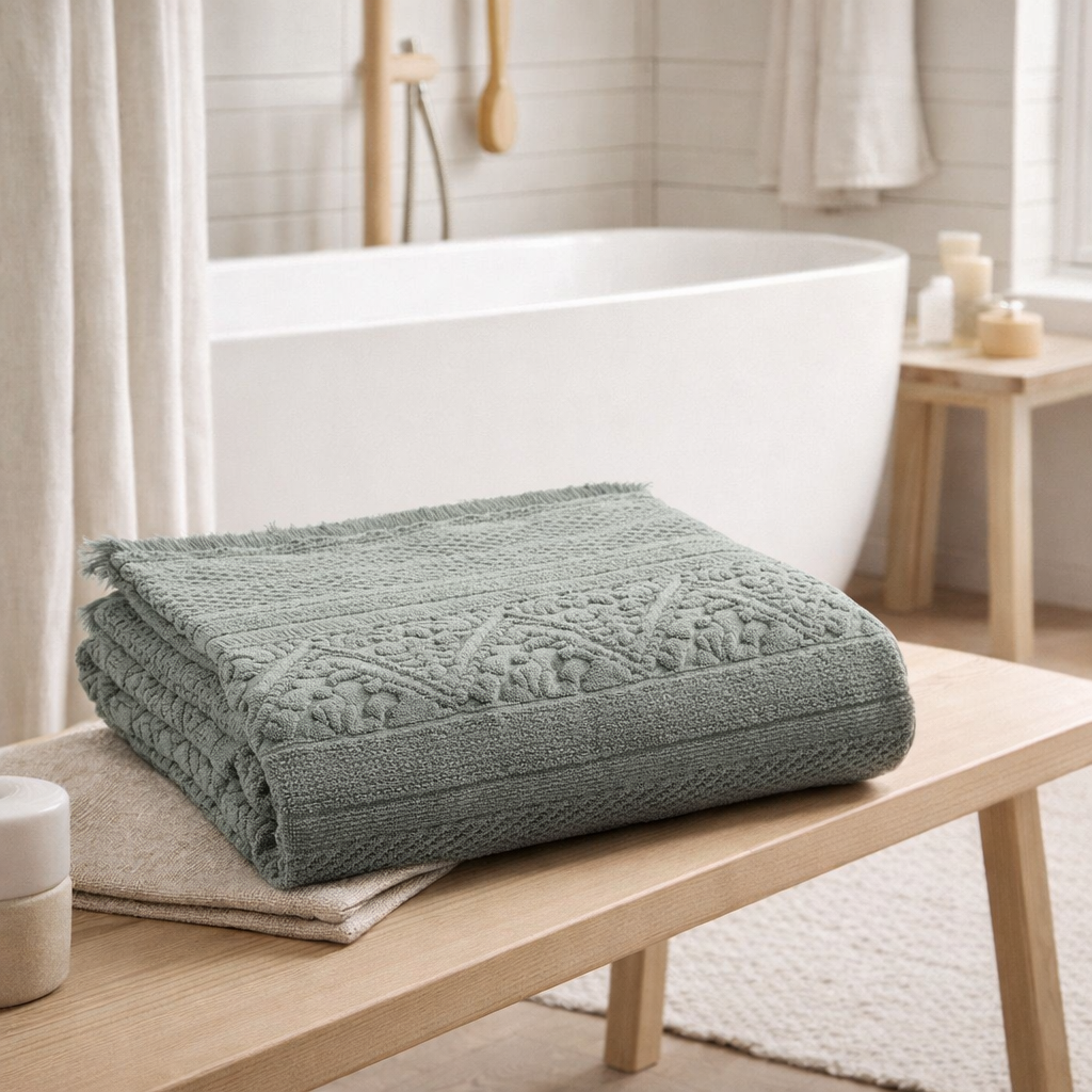 Drap de bain uni Zoé Thym 100 x 180 en situation