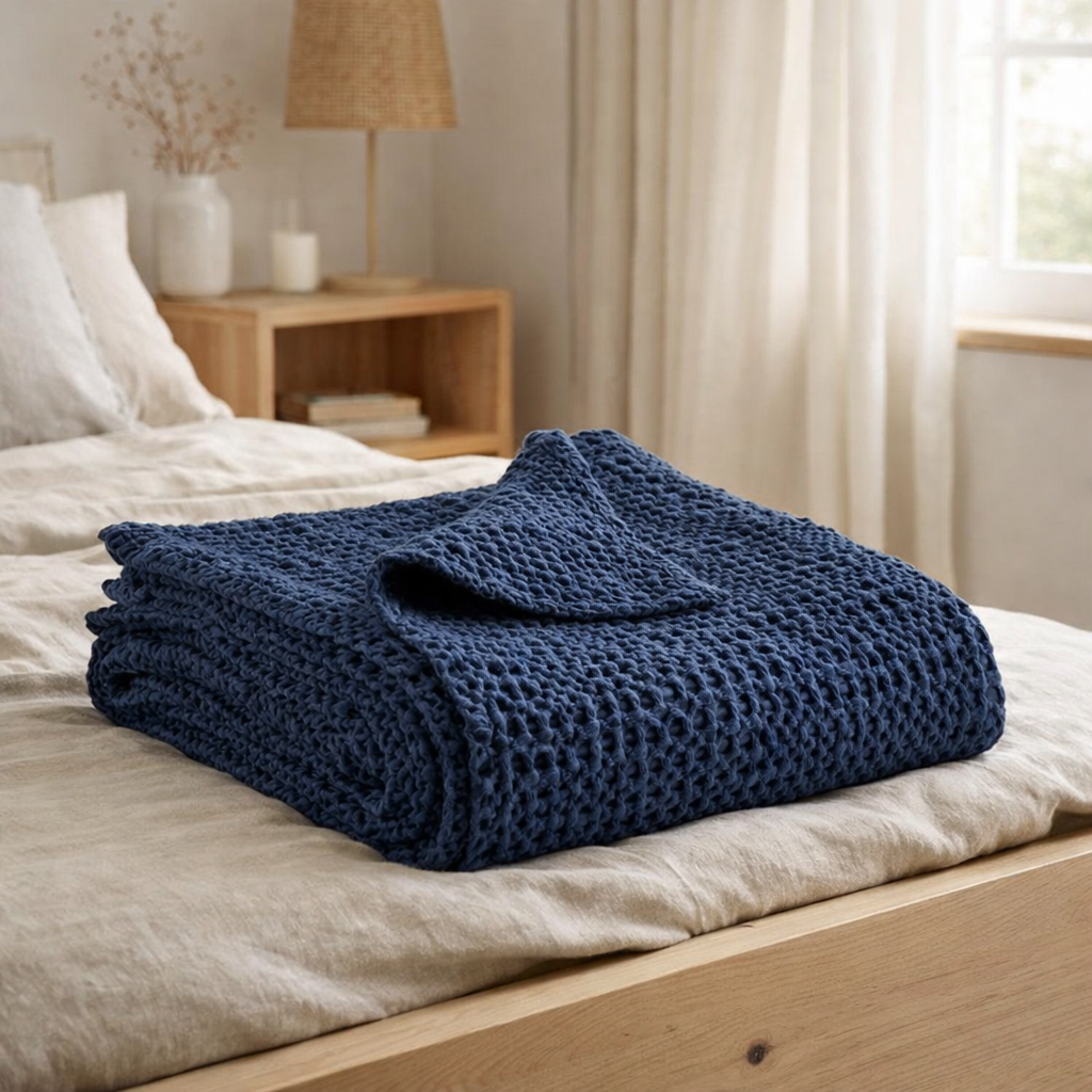 Jeté stonewashed Tana Cobalt 260 x 260 en situation