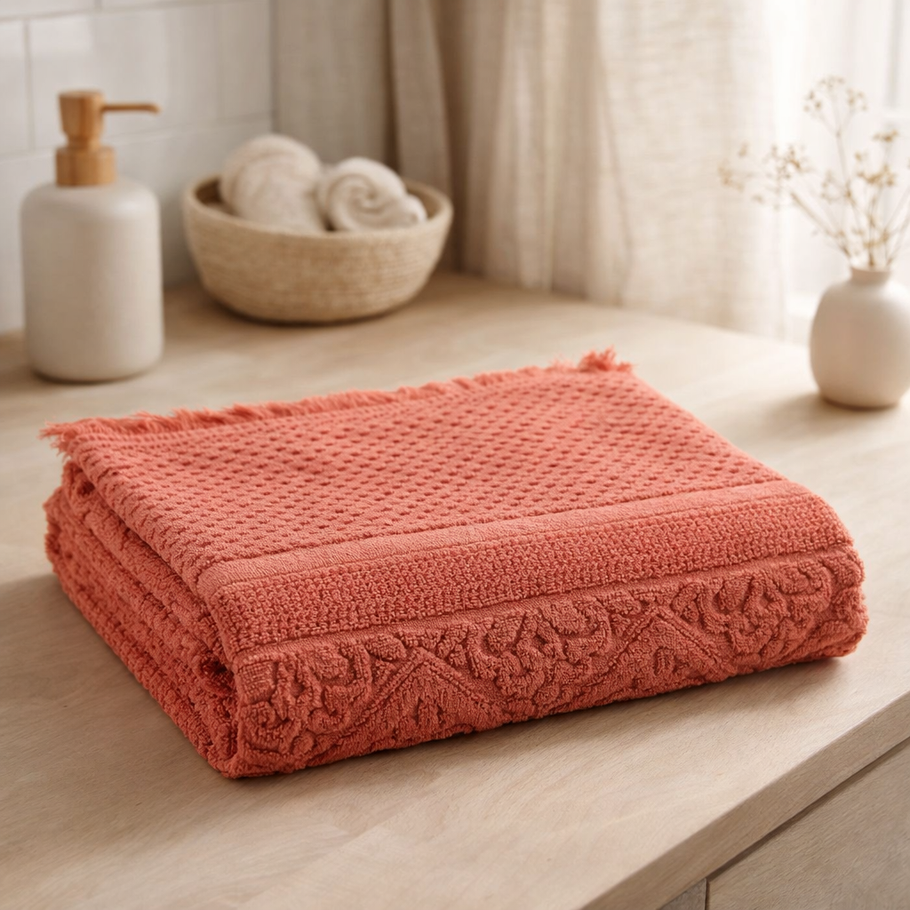 Drap de bain uni Zoé Brique 100 x 180 en situation