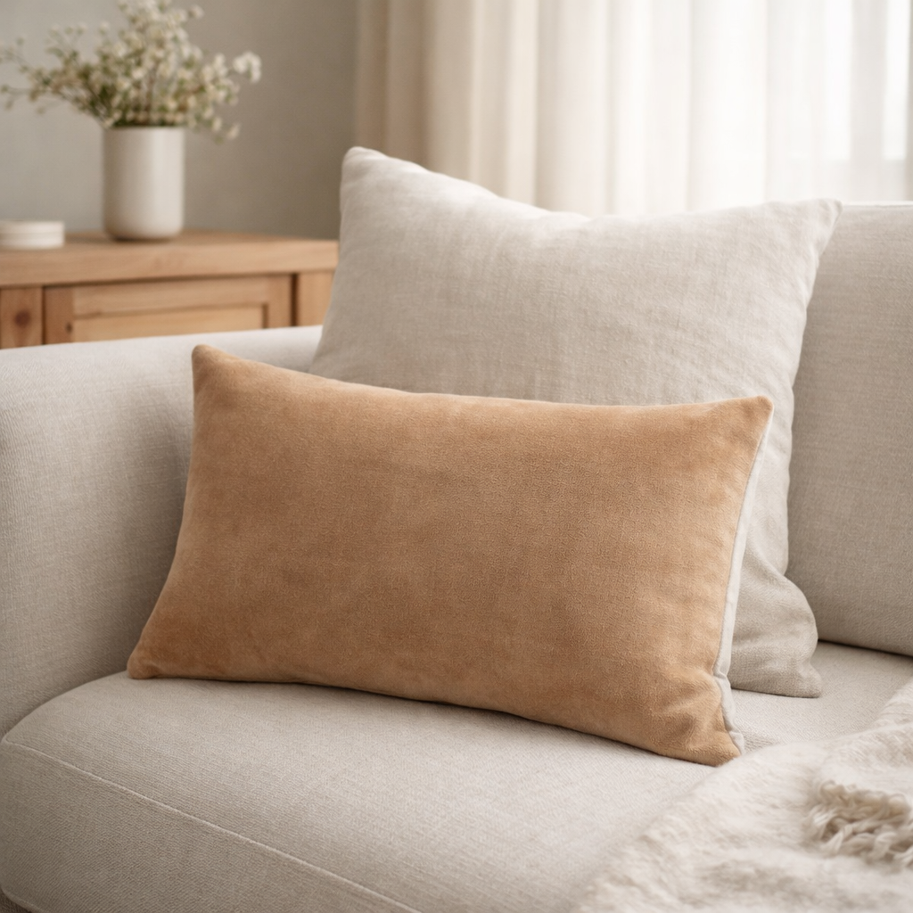 Coussin uni Elise Camel 30 x 50 en situation