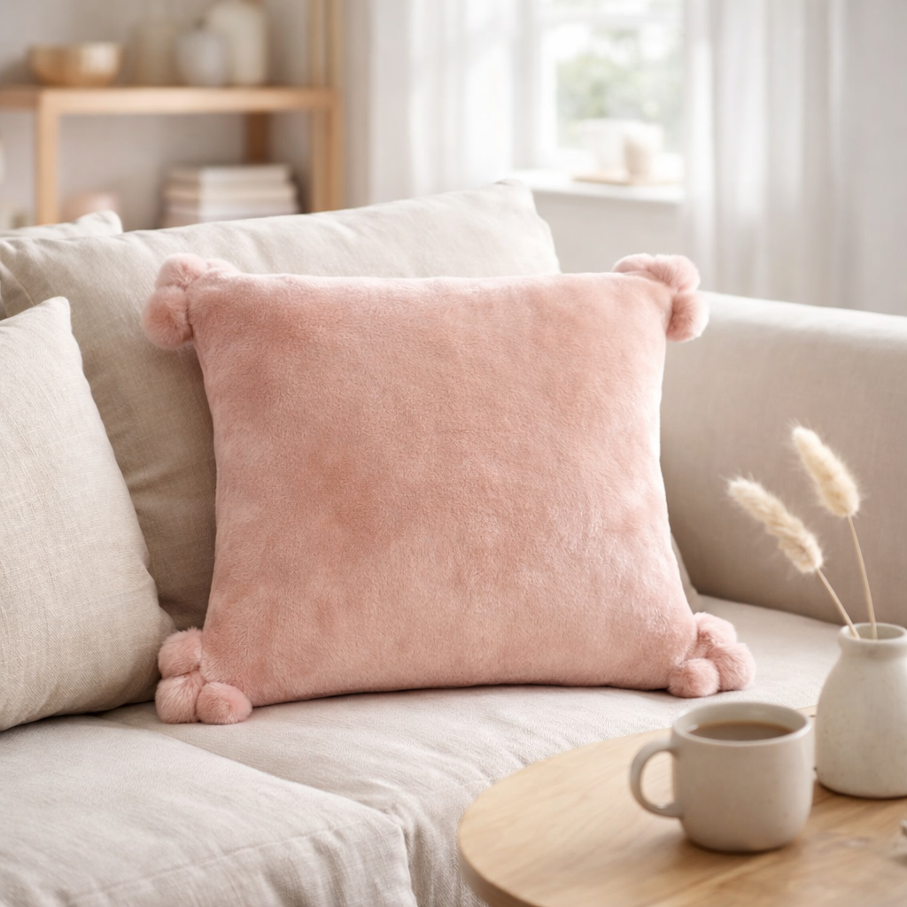 Coussin Tender Pompons Aubepine 45 x 45 en situation