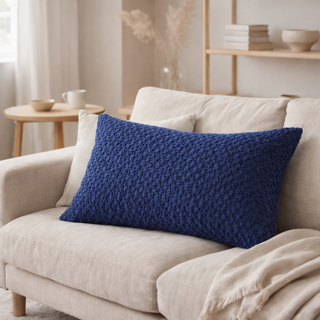 Coussin stonewashed Tana Cobalt 40 x 65 en situation