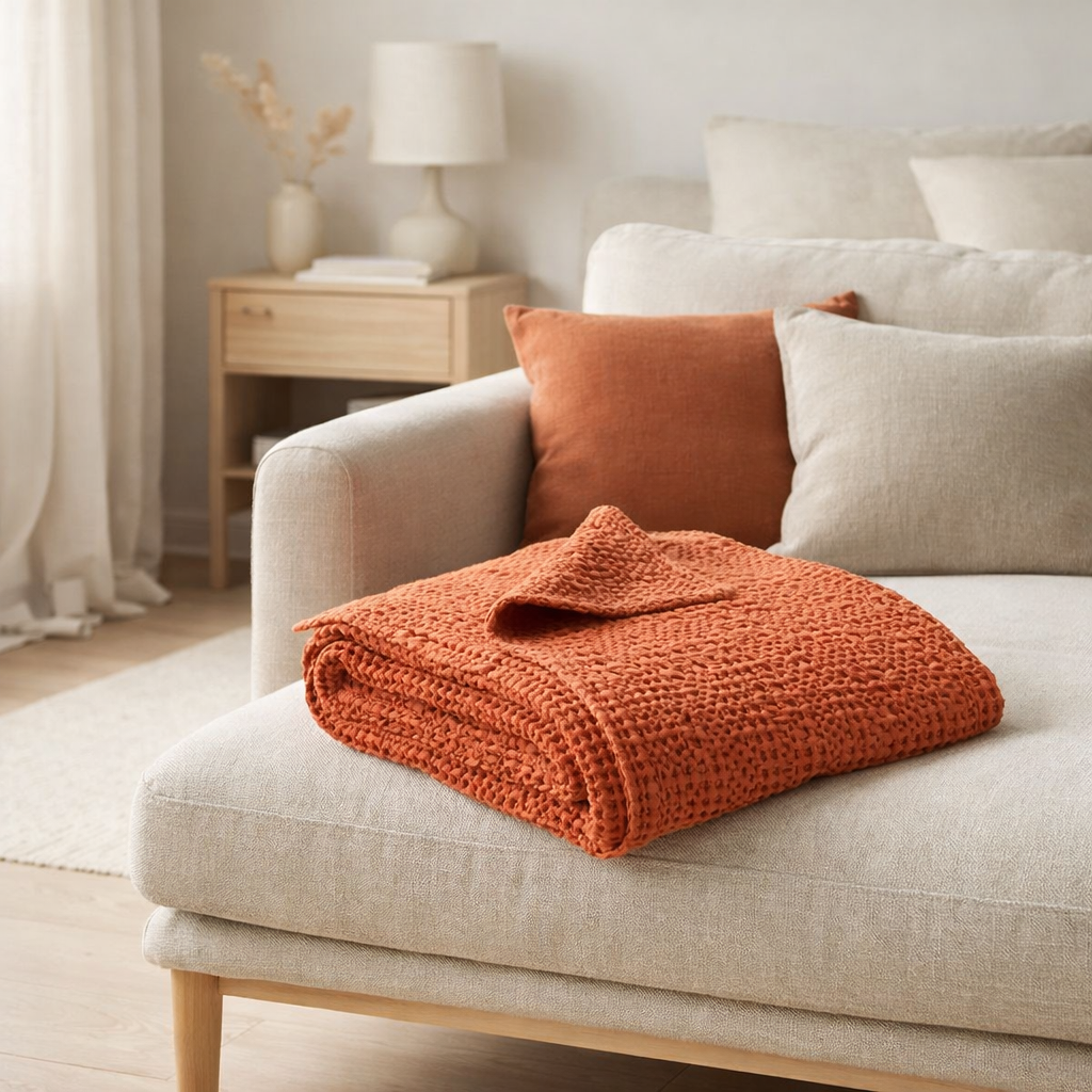Plaid stonewashed Tana Marmelade 140 x 200 en situation
