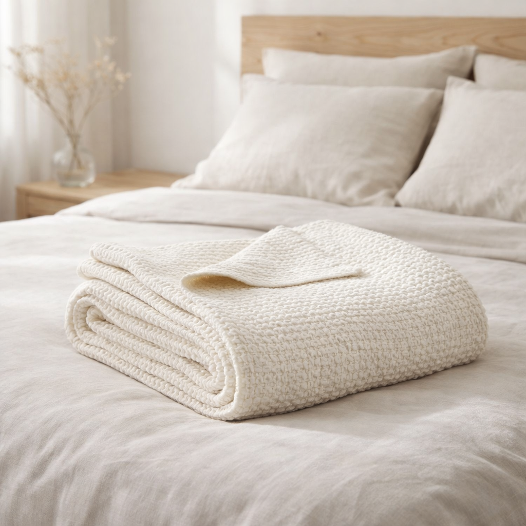 Jeté stonewashed Maia Craie 280 x 260 en situation
