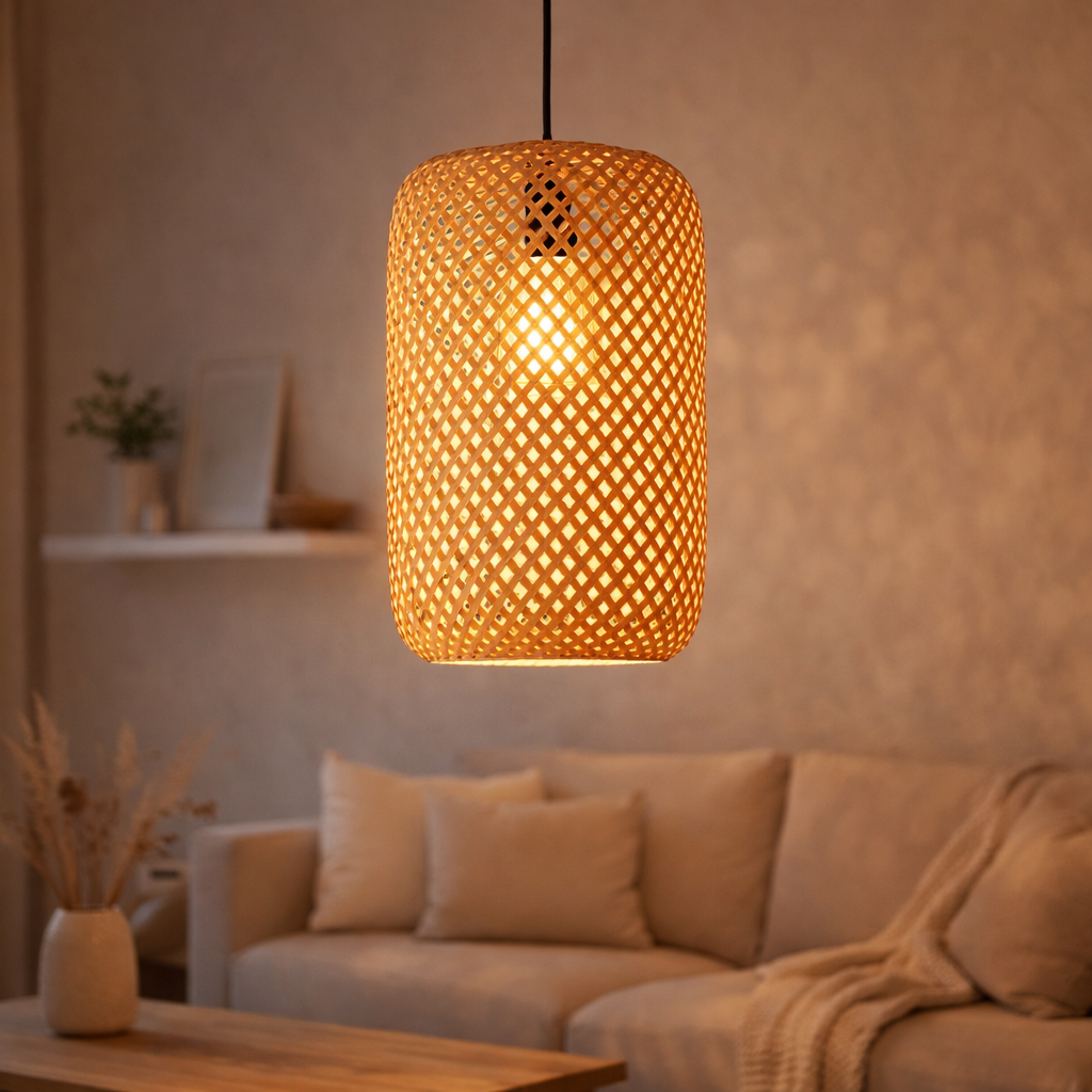 Abat-jour en bambou tressé – Lampe à suspension faite main AGUNG (Ø 22 cm) en situation