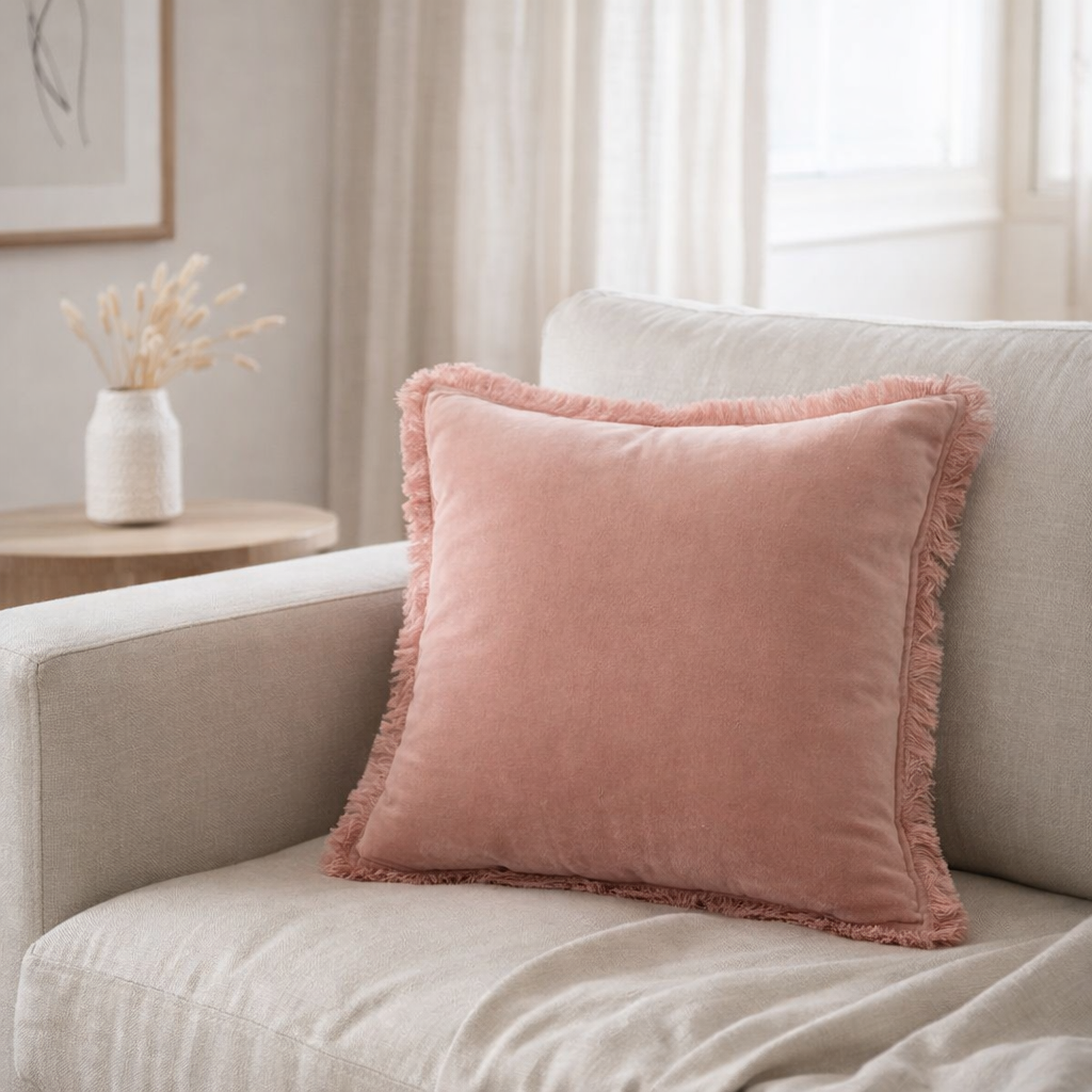Coussin uni Fara Pink 45 x 45 en situation