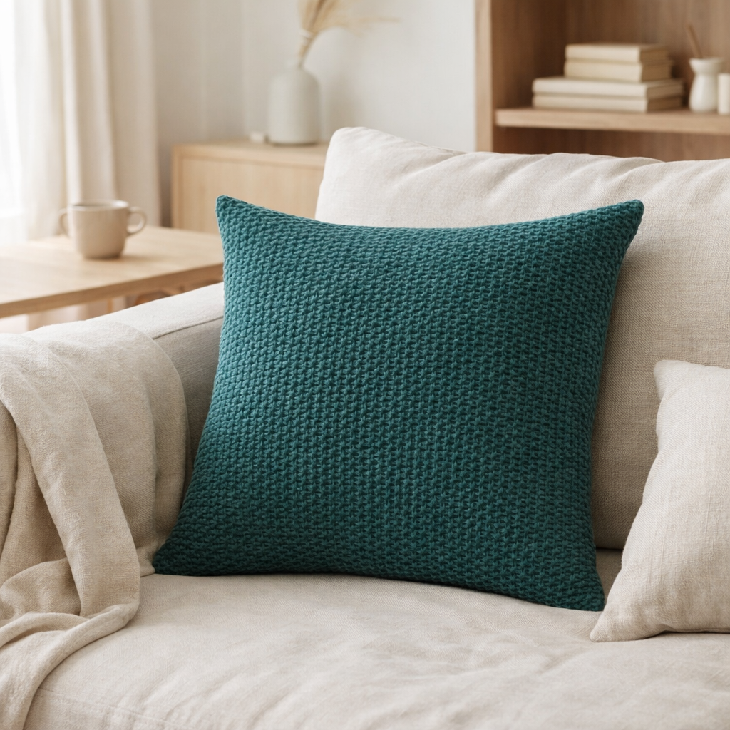 Coussin stonewashed Maia Pétrole 45 x 45 en situation