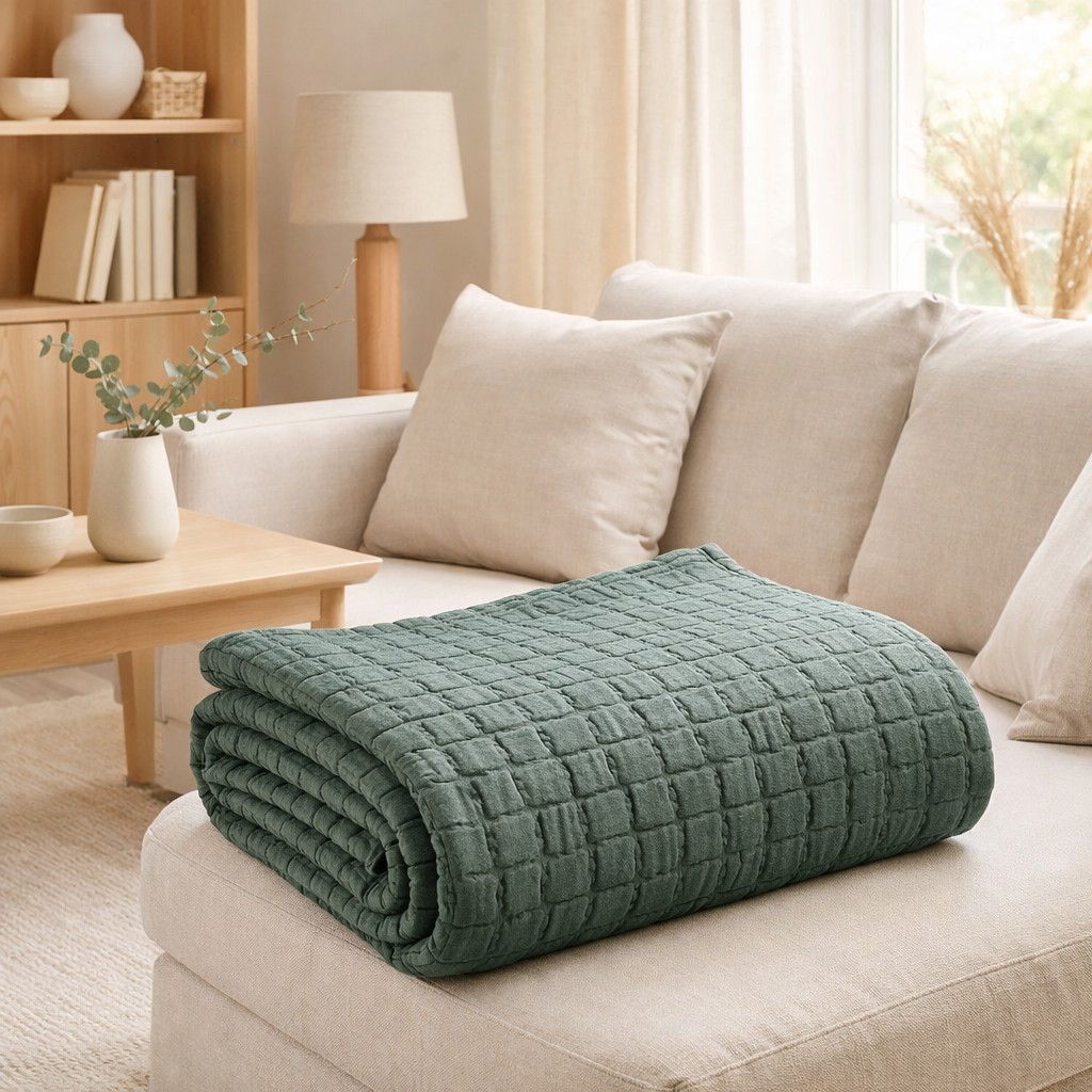 Plaid stonewashed Swami Thym 130 x 200 en situation