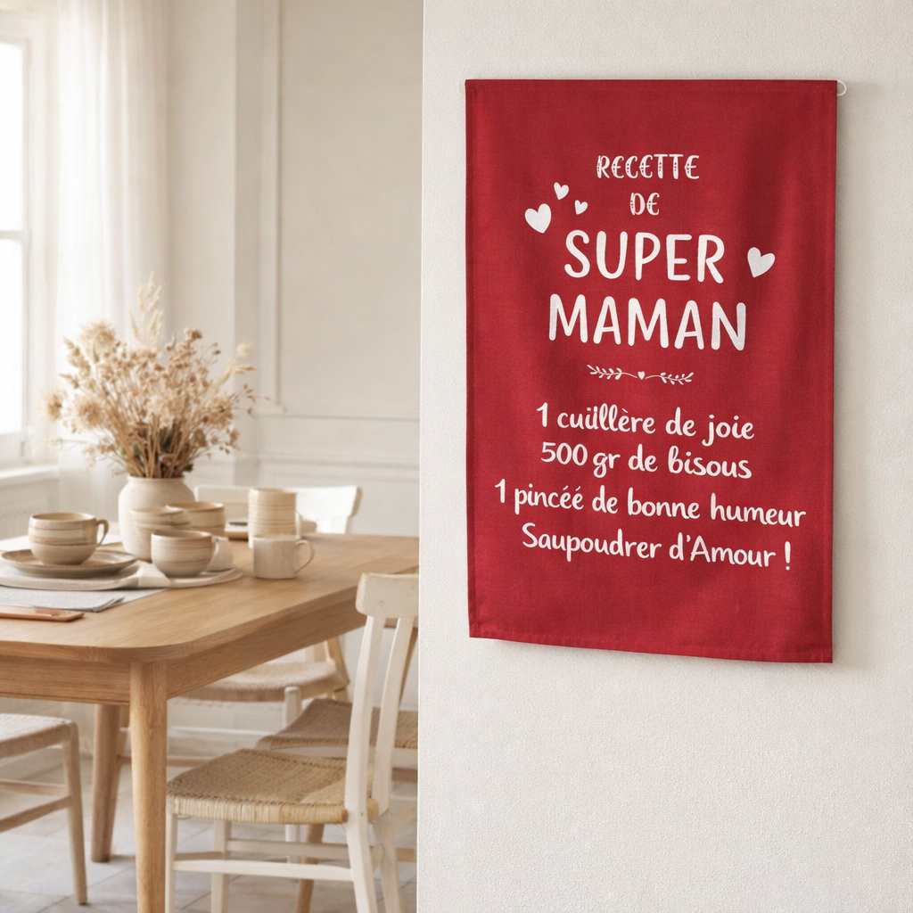 Torchon Message Super Maman Rouge 50 x 70 en situation