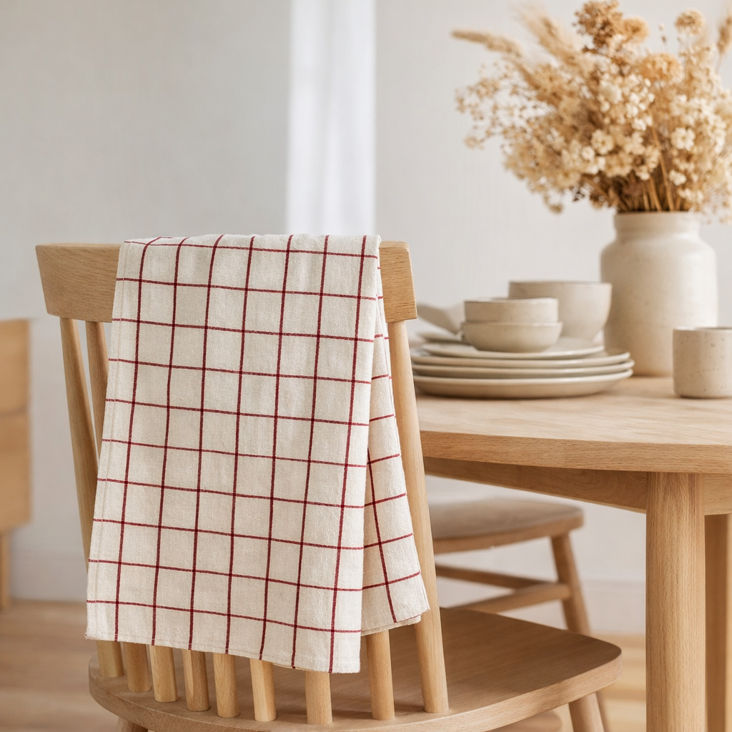 Torchon Carreaux Karma Rouge/ecru 55 x 75 en situation